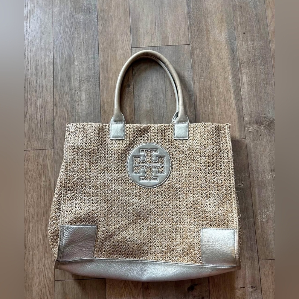 Tory Burch Metallic Gold and Silver Ella Raffia Straw Tote Bag Purse Handbag - Picture 4 of 5